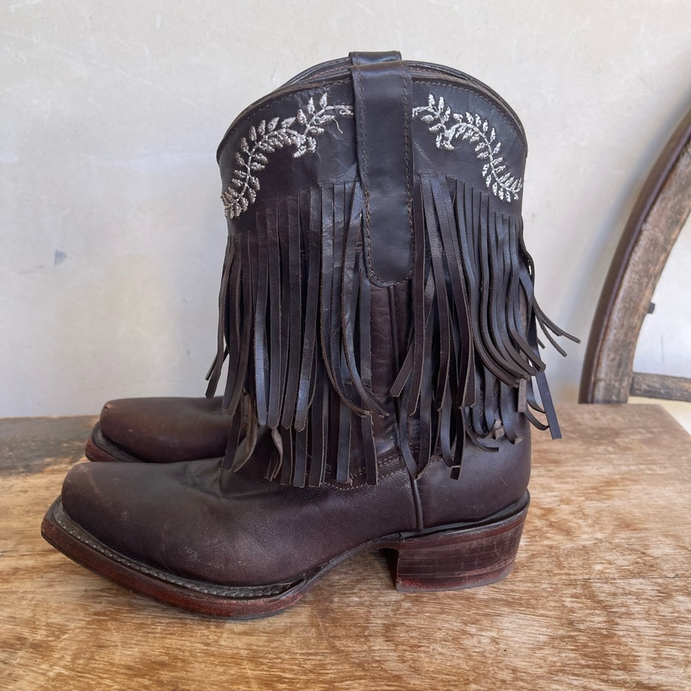 SOTO Cowboy Boots Kids Fringed Embroidered Dk Brown Leather Sz 3 Handmade Mexico